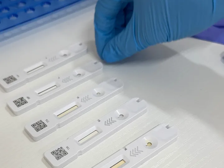 Close-up of test cassettes and a blue-gloved hand.